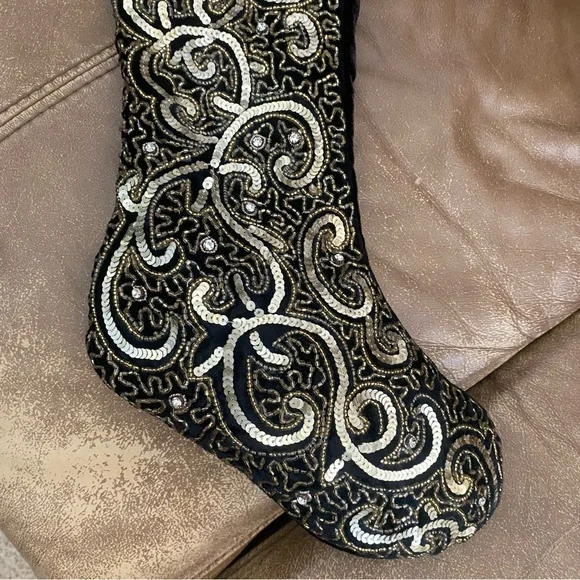Luxury Embroidered Rhinestone Embellished Velvet Christmas Stocking Black Gold - Picture 3 of 7